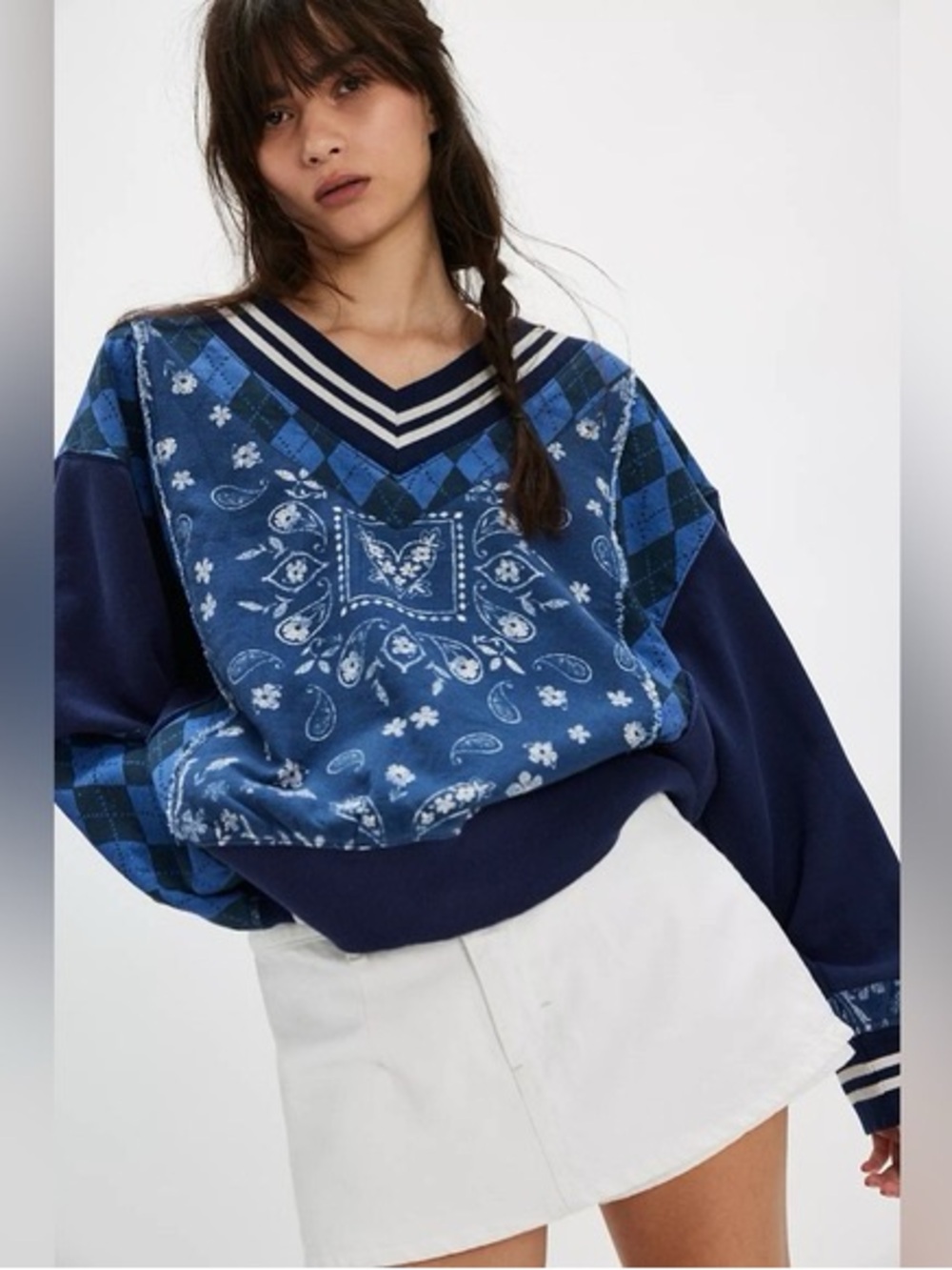 Free People Lucy Sweatshirt in Prep Combo Blue Bandana V‑Neck